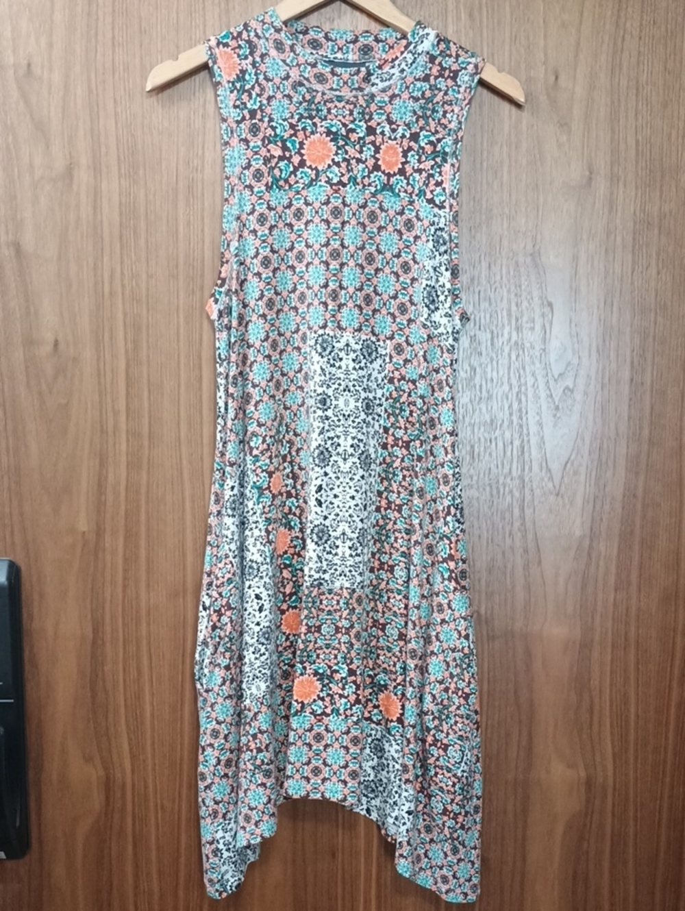 Maeve Sleeveless Boho Floral Dress in Coral and Teal M